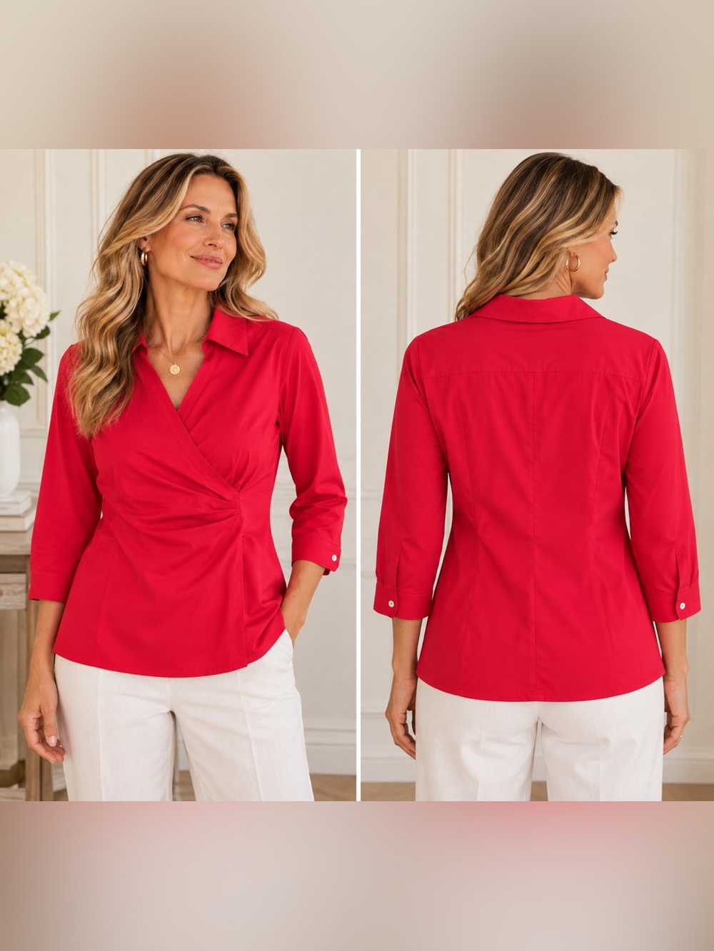Soft Surroundings Red Ruched Surplice Business Blouse XL Side Zip Stretch NWOT